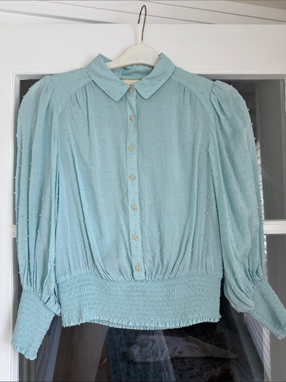 Maeve Anthropologie Light Blue Swiss Dot Smocked Waist Collared Blouse XS